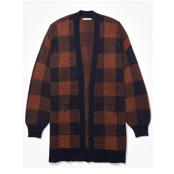 AE American Eagle Oversized Wool Plaid Cardigan Navy Brown Navy Brown – XS - Picture 1 of 13